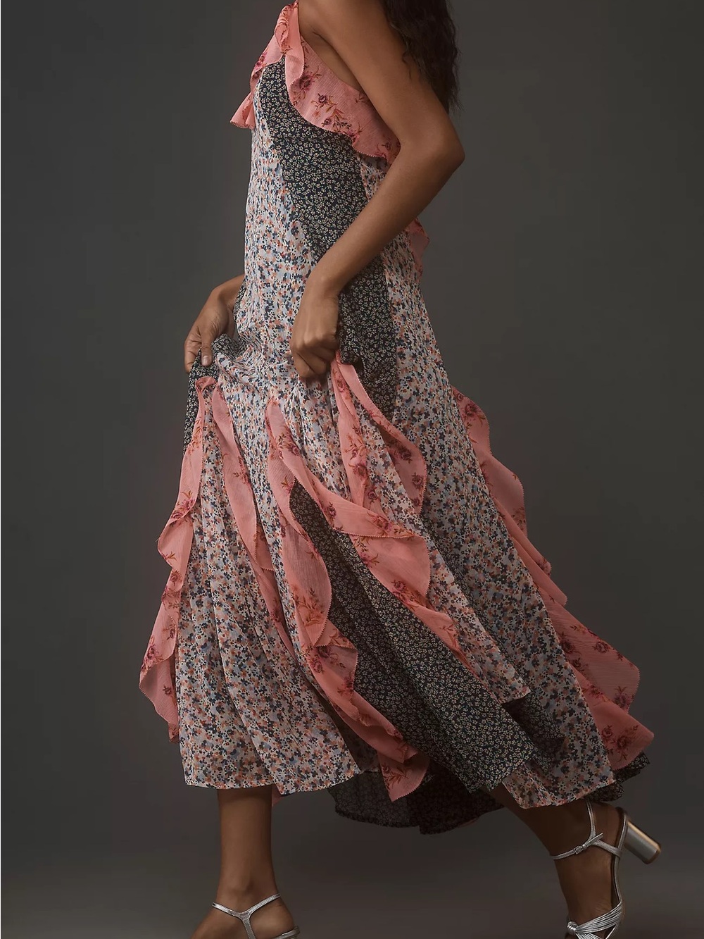 By Anthropologie Sleeveless Paneled Ruffled V-Neck Patchwork Floral Midi Dress